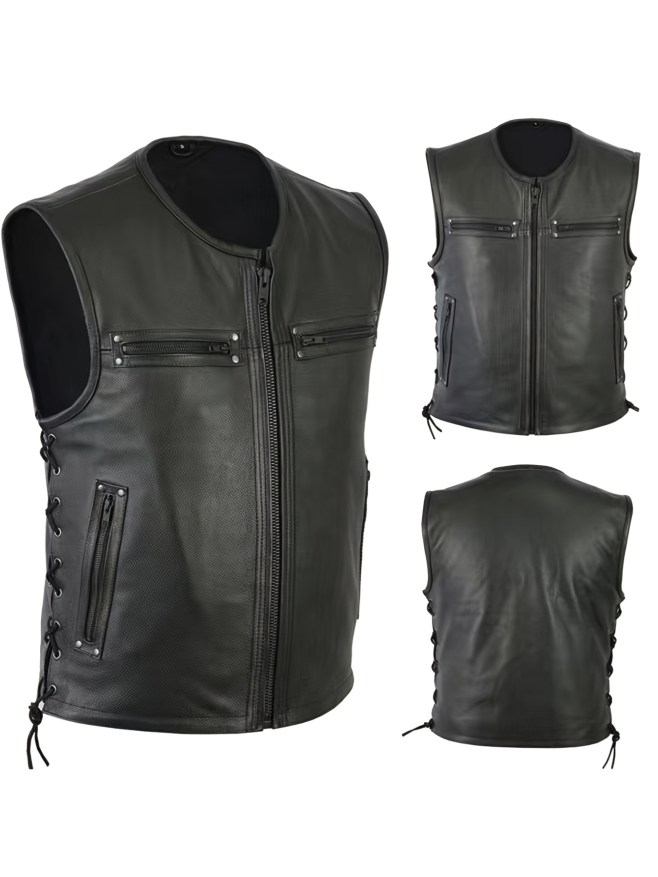 Leather Work Vest For Men - Мужской однотонный кожаный жилет в стиле