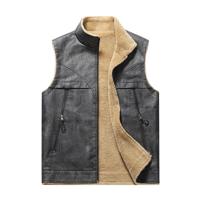 Leather Work Vest For Men - Осенне-зимний новый плюшевый жилет из искусственной
