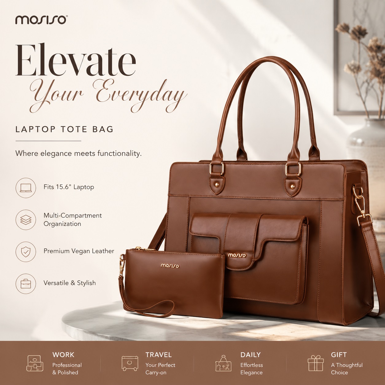 Leather Work Bag Laptop - Сумка-портфель MOSISO для ноутбука, женская, 15,6