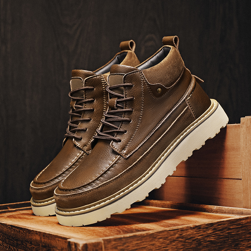 Leather Work Boots - Мужские коричневые зимние ботинки на флисовой